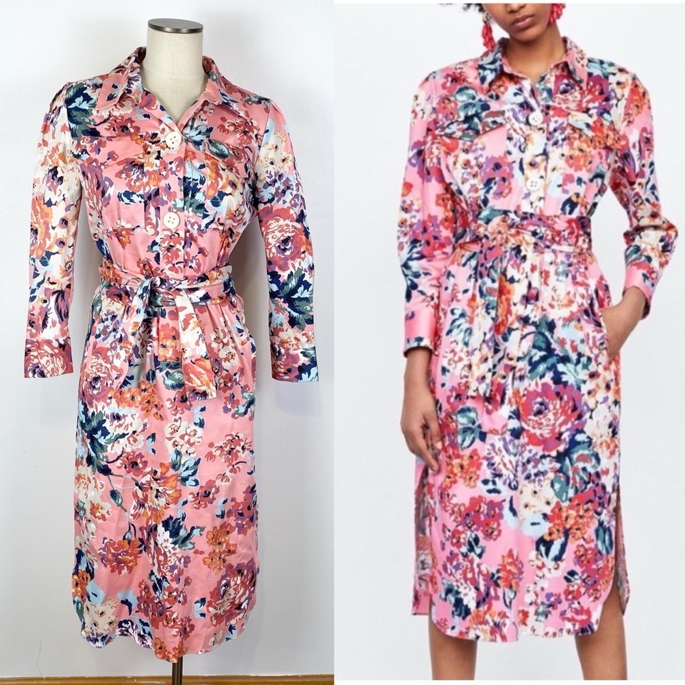 Zara SS18 Pink Floral Print Belted Shirt Midi Dress Size XS Button Tie Waist